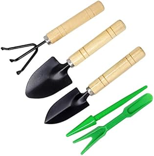 HONBAY 5PCS Mini Garden Tool Hand Planting Tools Small Shovel Rake Spade with Wood Handle Plastic Dig Seedling Tool Hole Puncher for Pot Planting Transplanting and Digging