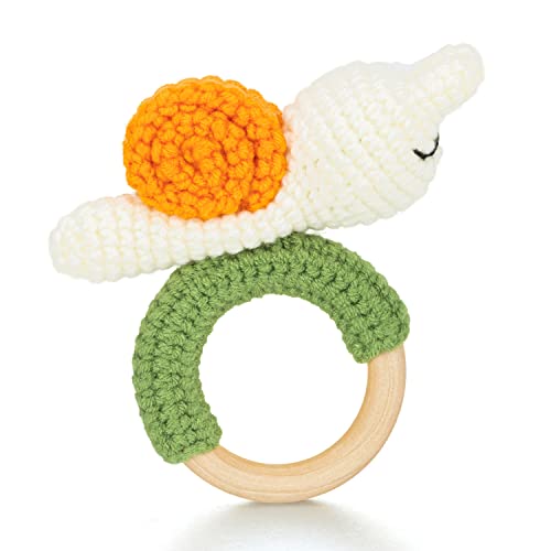 Image of LUJCCHY Animals Wooden Baby Rattle Toys Stuffed Crochet Rattle with Teether Ring for Newborn, Shaker Rattles Natural Infants First Toy Gift