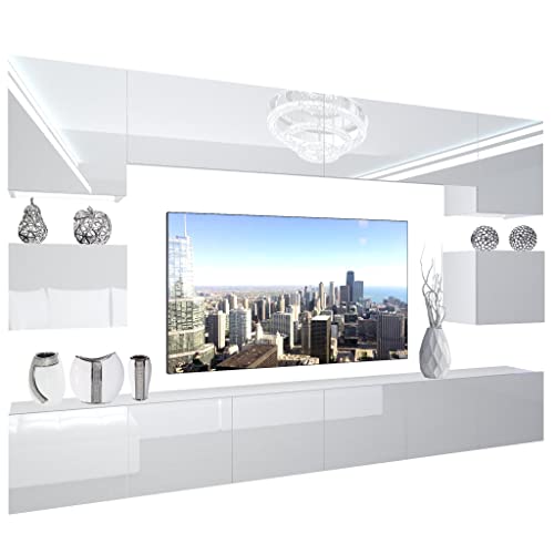 BELINI Wohnwand Vollausstattung Wohnzimmer-Set Moderne Schrankwand mit LED-Beleuchtung Anbauwand TV-Schrank Weiß BELINI Wohnwand Vollausstattung Wohnzimmer-Set Moderne Schrankwand mit LED-Beleuchtung Anbauwand TV-Schrank Weiß