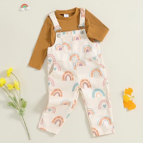 Toddler Girl Fall Outfits Bib Overalls Jumpsuit Set Long Sleeve Ribbed Top Rainbow Suspenders Pants 2-Piece Clothing2