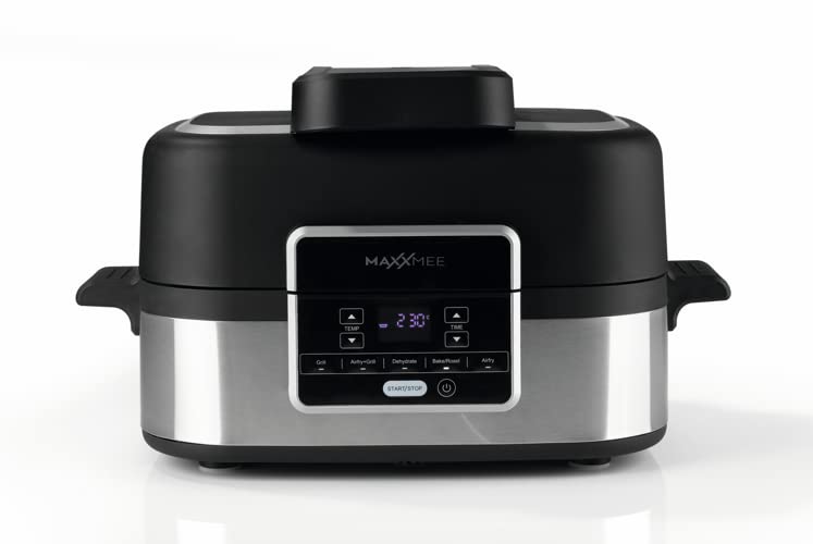 MAXXMEE Multi-Grill mit Heißluft-Funktion 1500w | Ober-/Unterhitze Tischgrill Antihaftbeschichtung | XL Garraum 4,5L zum Perfekten BBQ Look | 5 Programme & LED Display [Schwarz Silber/Kunstoff Stahl]