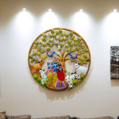Image of SHREE 'O' GREEN TECH - Metal Radha Krishna with Cow Wall Art Frame Decorative Wall Hanging Sculpture for Home, Living Room, Temple Decor Traditional Indian Wall Decor Showpiece (Size 24x24 Inch)