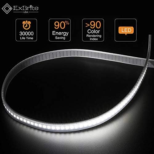 Close-up of LED strip with specifications like 30000 life time and 90% energy saving