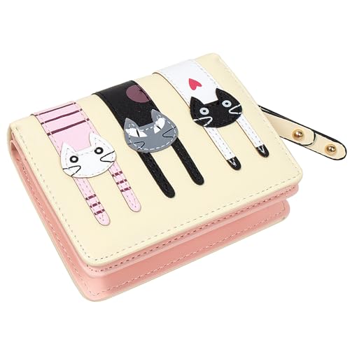 KOTORA Small Cute Wallet for Women Girls Short Bifold Clutch Bag Mini Cat Embroidery Zip Around Card Holder Coin Purse (Beige)