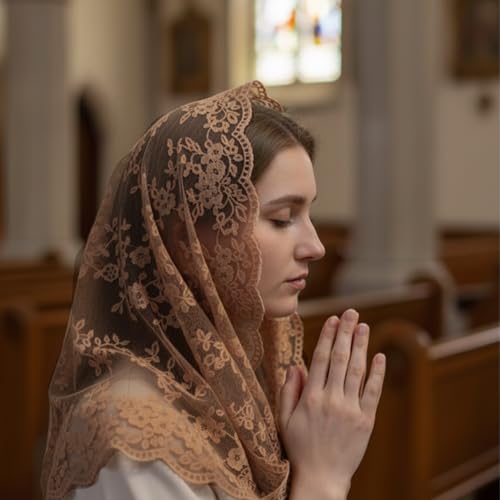 Lusstiazz Triangle Mantilla Veil Lace Edge - Catholic Church Chapel Veil, Christian Communion Head Covering Scarf for Women (Brown) - Thumbnail 3
