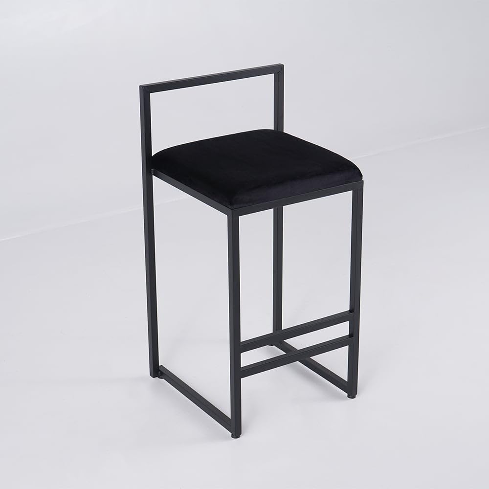 Black Velvet Bar Stool with Backrest, Metal Frame Counter Stool. | 26.4 inch Seat Height, Minimalist Metal Frame, Velvet Upholstered Seat, Industrial Style, Kitchen Island Seating-image-13