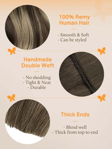 Image of DOORES Human Hair Extensions, Chocolate Brown to Honey Blonde 16 Inch 80g, Sew in Human Hair Extensions Natural Hair Thickness Sew in Weft Hair Straight Weave Weft