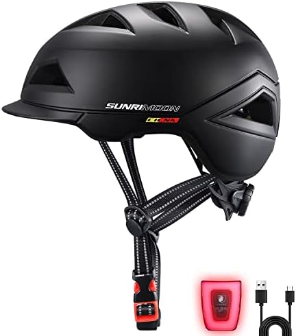 SUNRIMOON Bike Helmet Lightweight Cycling Bicycle Adult Helmets Urban Commuter Helmet with USB Recharge Light Adjustable Size for Men and Women 22.44-24.41Inches(Black)