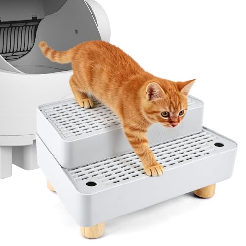 Adjustable 2 Steps Litter Box Ramp Cat Litter Catcher Mat with Wooden Feet Filter Function Litter Box Step for Small & Elderly Cats Fits Automatic Litter Boxes (Light Grey)