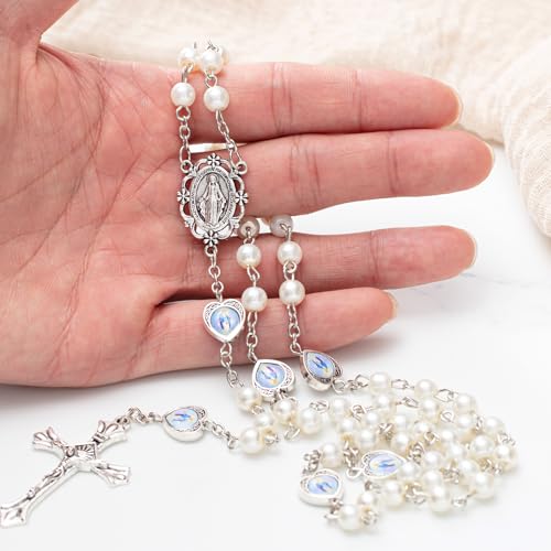 ROCEEI Catholic Glass Pearl Beads Rosary Necklace 6 mm Beaded Cross Necklace with Crucifix and Rosary for Women3
