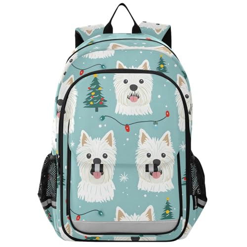Sac à dos d'école motif chien blanc de Noël pour fille et garçon