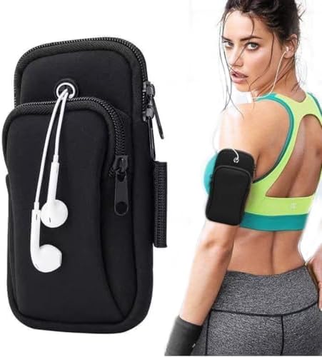 1 pezzo Borsa da braccio sportiva con apertura per cuffie e tasca per cellulare per corsa, braccio per palestra e ciclismo (nero)