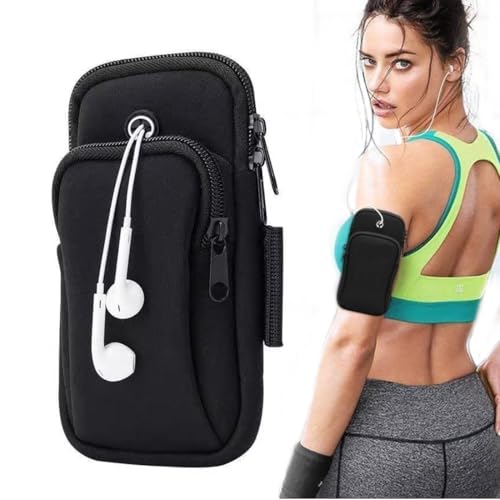 OUDQFCJ 1 pezzo Borsa da braccio sportiva con apertura per cuffie e tasca per cellulare per corsa, braccio per palestra e ciclismo (nero)