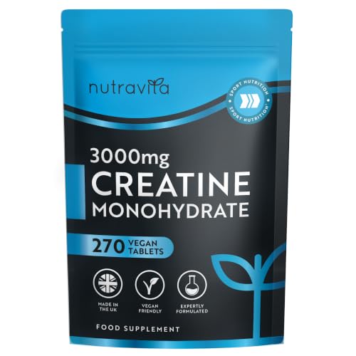 Nutravita Creatina Monohidratada 3000mg - 270 Comprimidos Veganos | Creatine Monohydrate - Hombre y Mujer Suplemento - Creatina Monohidrato Suplementos Gym - Creatine Pastillas