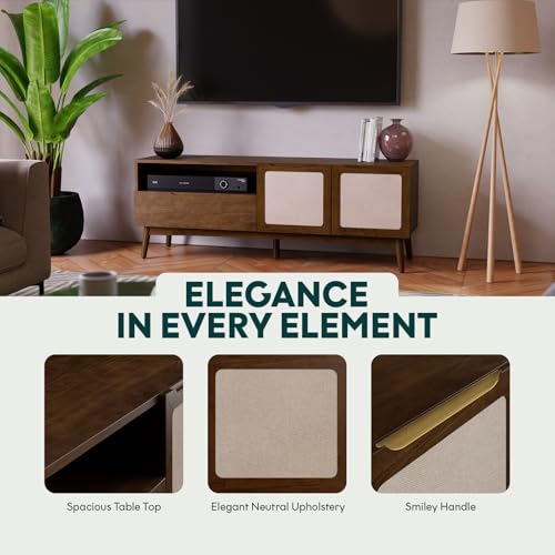 Image of Calista TV Stand 1 Drawer 2 Door - Chestnut Finish Media Console with Open Shelf & Fabric Panel Doors, Mid-Century Modern Style with Tapered Legs, Easy Assembly