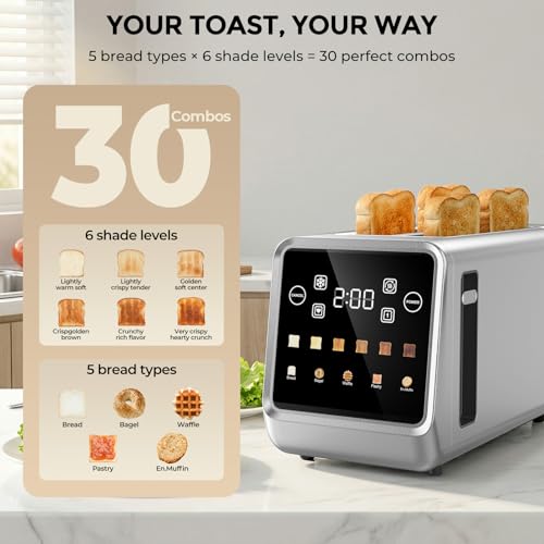 Image of 4-Slice Smart Toaster, Digital Touchscreen with Memory, 1.5 inch Extra-Wide Long Slots for Bagels & Artisan Bread, 1400W Rapid Heating, Stainless Steel, Defrost /Reheat /Single-Slice Modes
