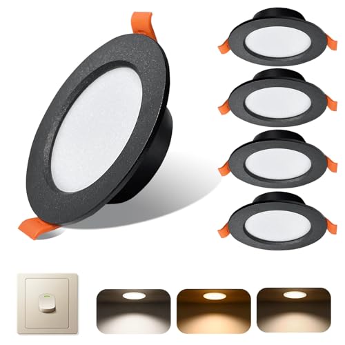 Sweier Ultra Slim 7W LED Recessed Ceiling Lights, 3 Adjustable Colors (/6000K/3000K/4000K) 600LM IP44, Wall Switch Adjustable,Black Downlight for Bathroom/Kitchen, Cutout 90-105mm