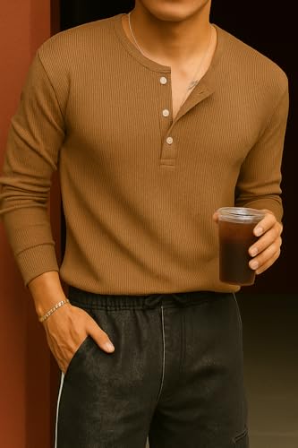 Image of Men's Solid Slim Fit Full Sleeve Henley Neck Rib Textured Cotton Blend T-Shirt | Casual & Office Wear | Daily & Travel use