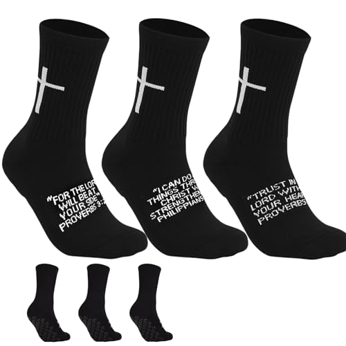3 Pairs Cross Grip Soccer Socks for US 6-13 - Anti-Slip Christian Socks with Bible Verse