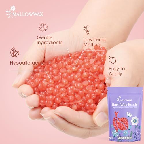 Image of Mallowwax Hard Wax Beads, 1lb Strawberry Red Stripless Wax for Hair Removal, All-purpose Refill Wax Beans for Brazilian Bikini, Face, Eyebrows, Underarms, Chest, Back,Legs, Women and Men