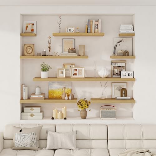 Image of Fun Memories 12 Inch Deep Floating Shelves, 16 x 12 Wooden Wall Shelves, Extra Deeper & Thicker Rustic Wall Mounted Storage Shelf for Fireplace, Living Room, Kitchen, Farmhouse, Oak - 3Pack