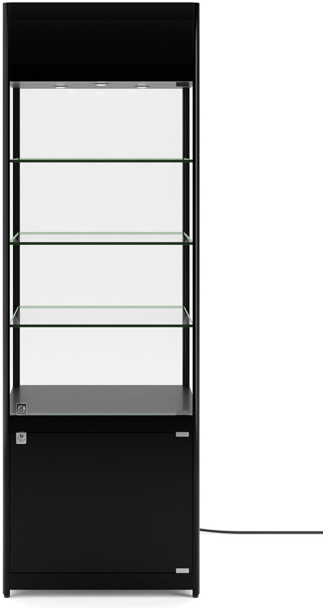 Displays2go 72" Curio Cabinet, 4 Display Levels, LED Top Lighting, Locking Door and Storage Base - Black (SCTWRLD24)