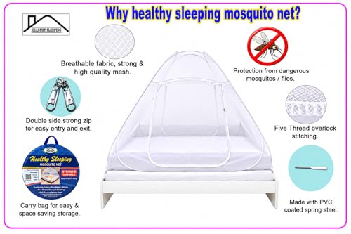 Image of Healthy Sleeping Mosquito Net | Double Bed | Supreme King Size Bed | Foldable Machardani with 2 Side Zipper Opening | Strong 30GSM Polyester Net | PVC Coated Steel Wire (White)