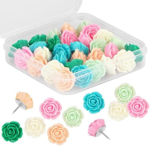 Push Pins for Cork Board - Cuttte 30pcs Decorative Push Pins with Case, Cute Thumb Tacks and Push Pins for Bulletin Board, 6 Colors Flower Pushpins, Office Decor for Women, Cubicle Desk Accessories