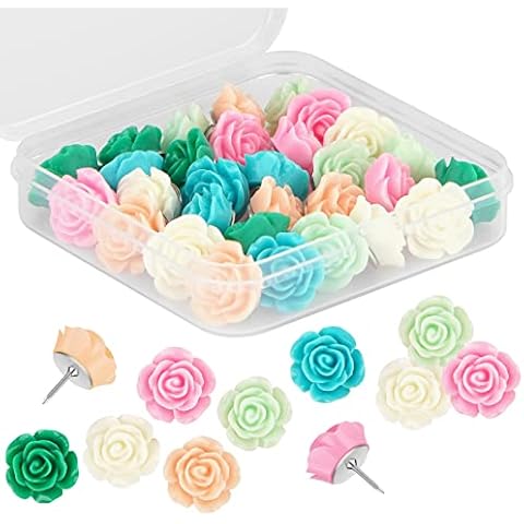 Push Pins for Cork Board - Cuttte 30pcs Decorative Push Pins with Case, Cute Thumb Tacks and Push Pins for Bulletin Board, 6 Colors Flower Pushpins, Office Decor for Women, Cubicle Desk Accessories Cover