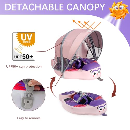 Image of Baby Pool Float with UPF50+ 3D Adjustable Canopy, Add Tail Mambobaby Float Non Inflatable Infant Floats for Pool, Cartoon Narwhal Baby Floats (BPurple with Canopy-W05BPCTLUROHML01W05)