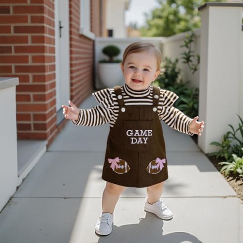 Baby Girl Game Day Football Outfit Long Sleeve Turlteneck Striped Romper Corduroy Overall Skirt Set Fall Clothes3