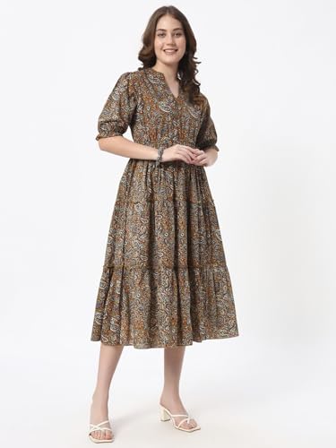 Image of Women's Fit and Flare Dress I Pure Cotton Long Summer Maxi Dress I V-Neck I Casual Wear I Printed Kalamkari Floral Middi