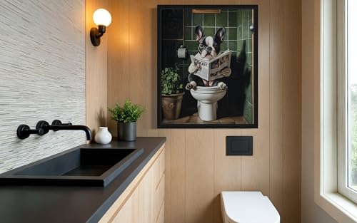Image of French Bulldog 1 on Toilet Black Framed Wall Art Print Poster, Dog Bathroom Humor Decor Posters Prints for Restroom Home Picture Painting Artwork Gallery 7 (French Bulldog 1, 18 x 24 inches, Black Frame)