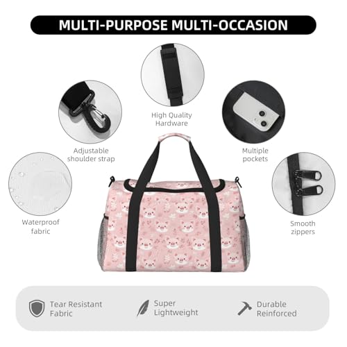 Pink Cartoon Pig Print Duffle Bag for Travel, Carry On Weekender Overnight Duffel Bags, Gym Bags for Women Men, Personal Item Travel Bag3