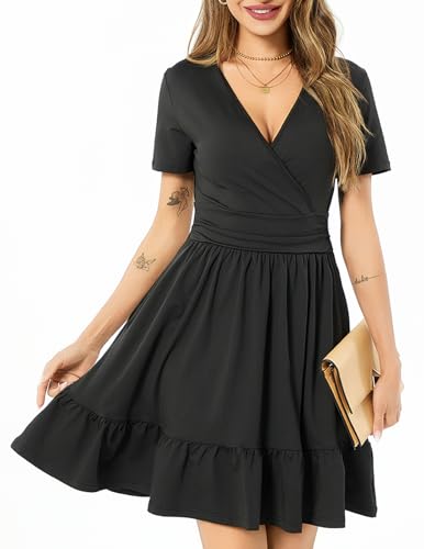Image of Women's Fashion Summer Causal Short Sleeve Dress V Neck Beach Party Dresses with Pockets