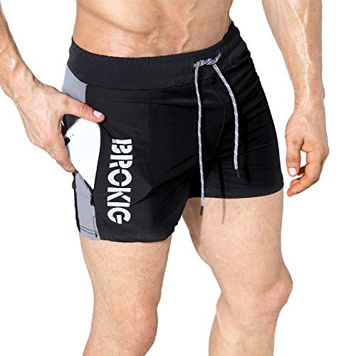 Men's 5" Gym Bodybuilding Workout Shorts Running Lightweight Short with Zipper Pockets (Black, Large)