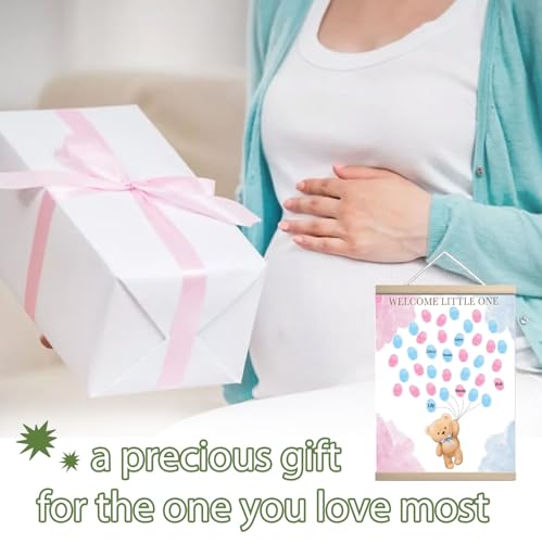 Image of QZCYU Bear Theme Baby Gender Reveal Decorations, Baby Shower Guest Book Party Ideas, Gender Reveal Fingerprint Tree, Canvas Thumbprint Hanging Paintings