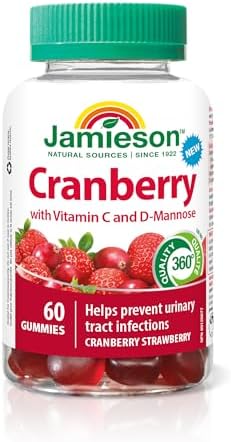 Jamieson Cranberry 10,000 mg Gummies, Cranberry Strawberry Flavour, with Vitamin C and D-Mannose. Provides UTI Protection, Immune Support, Vegetarian, Non-GMO, No Artificial Colours, Flavours, or Preservatives, 60 Count