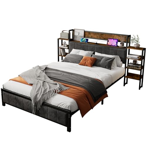 Metallbett Doppelbett 140x200, Bettgestell mit USB-Ladefunktion&Stauraum-Kopfteil, Funktionsbett Jugendbett Bettrahmen Gästebett Familienbett Flachbett, Metall+Velvet, Ohne Matratze, Schwarz+Walnuss – Bild 7