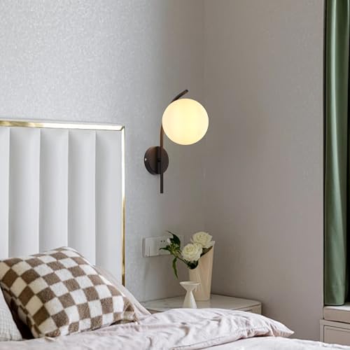 Image of Wall Sconces Plug in, Hanging Wall Lamp with Plug in Cord, Metal Wall Lamp White Glass Globe Indoor Wall Decor Light for Bedroom, Farmhouse, Hallway, Living Room, Kitchen, Black