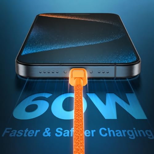 Image of mifaso 60W Type C PD-Fast Charging Cable Compatible with iPhone 17 /16 /15 / Pro Max /Pro /Plus /Air /E /Google 10 /Samsung S26 /S25 / Laptop /MacBook| 60 W USB C, MFi Certified, 1 Year Warranty (Cosmic Orange)