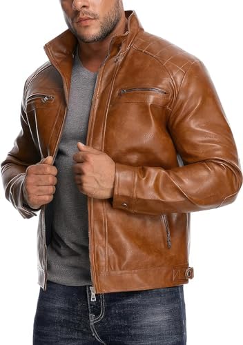 Ecom.Easy Leather Motorcycle Jacket for Men, Stand Collar, Zipper, Brown
