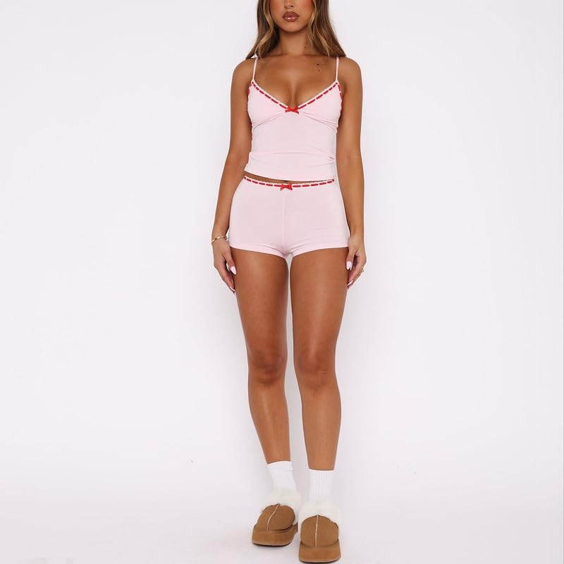 Image of Womens Y2K Cute Print Cami Pajama Sets Lace Trim V Neck Tank Top Shorts Set Bow Heart Print 2 Piece Sleepwear