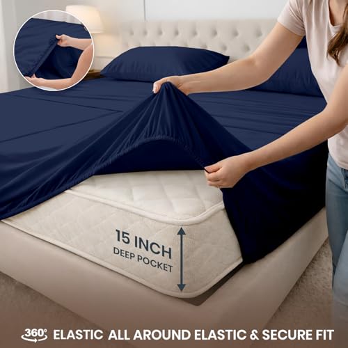 Image of SGI Split King Sheet Set for Adjustable Bed Egyptian Premium Cotton 600 Thread Count Sheets for Sleep Number Bed 15 inch Deep Pocket 5 Pc Set with 2 Twin XL Fitted Sheets Soft Breathable -Navy Blue
