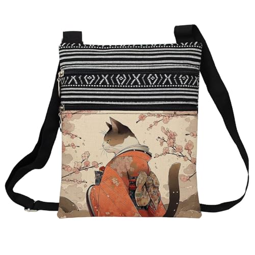 Kimono Cat Messenger Bag Small Ethnic Pattern Printed Adjustable Strap Crossbody Zipper Bag Kimono Cat Phone Bag Wallet Cute Shoulder Handbag for Women - 5