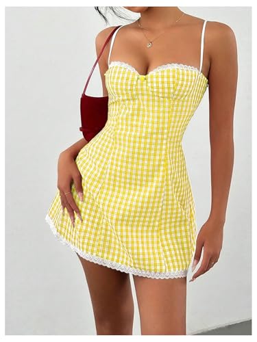 Floerns Women's Cute Plaid Spaghetti Strap Cami Dress Lace Trim A Line Mini Dresses2