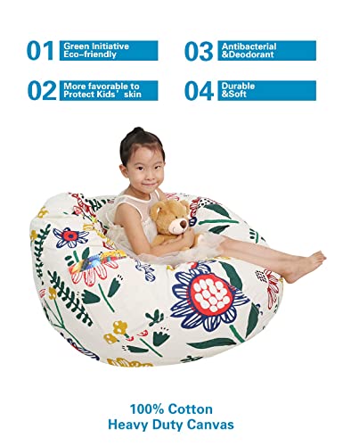 Great Eagle 52X48 Inches Extra Large 100% Cotton Canvas Kids Stuffed Animals Storage Bean Bag Chair Cover Only For Toddlers,Kids,Teens And Adults(White/Sun Flower) #TOP2