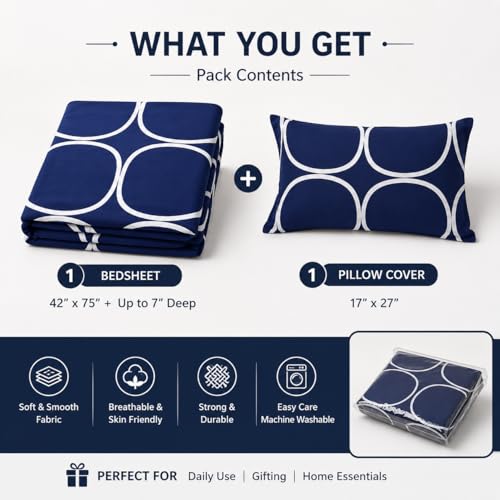 Image of Blue Strip Polycotton Fitted Bedsheet, Single 42x75 (Blue Circle) | 300 TC | All-Round Elastic Grip | Soft, Breathable & Colourfast | Wrinkle Resistant | Machine Washable