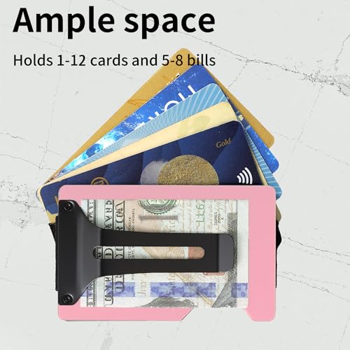 Image of Minimalist Carbon Fiber Wallet for Men, Money Clip Cash Strap Wallet, RFID Blocking Metal Wallet Aluminum Card Holder,Front Pocket Wallet(Matte Pink)