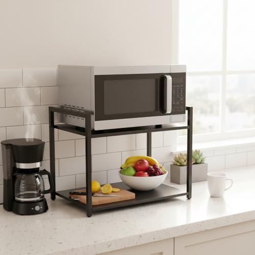 Image of RIZIK STORE Metal Adjustable Microwave Oven Stand for Kitchen Platform | 2-Tier Microwave & OTG Oven Stand with 8 Hooks | Heavy Duty Organizer Rack | Powder Coated (Textured Black)